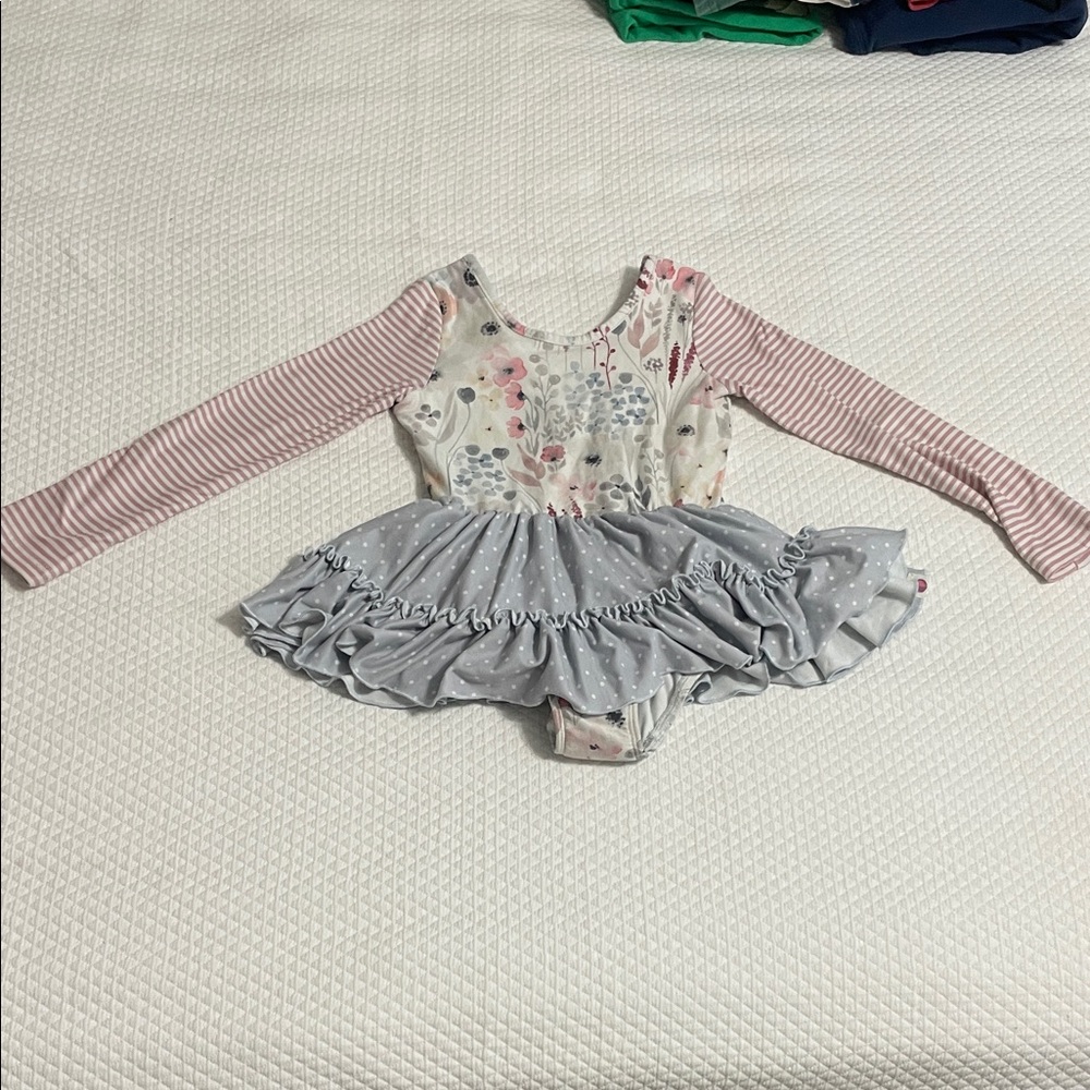 Cheeky Plum Floral and Striped Long-sleeve Leotard - Pink and Gray
